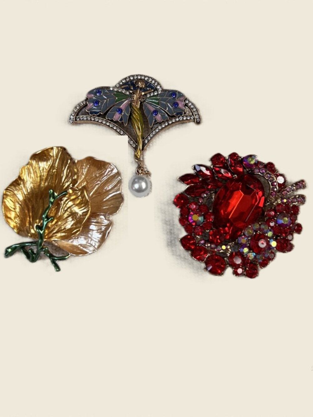Statement Brooch Set Red Rhinestone Fairy Floral Costume Jewelry